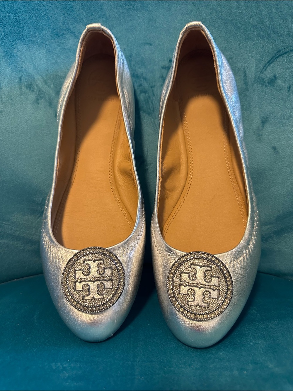 Tory Burch Metallic Silver Logo Ballet Flats